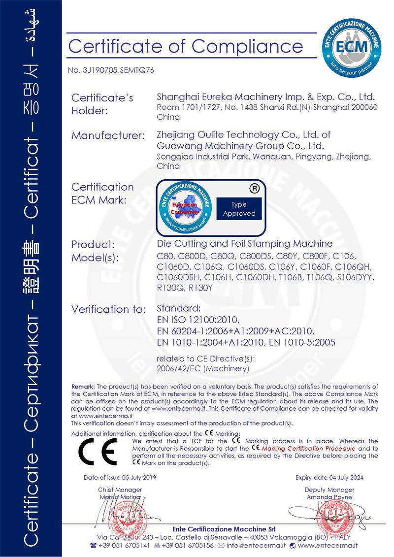 CE certificate for GW diecutters